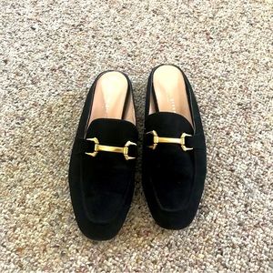 Black suede flat mules gold hardware